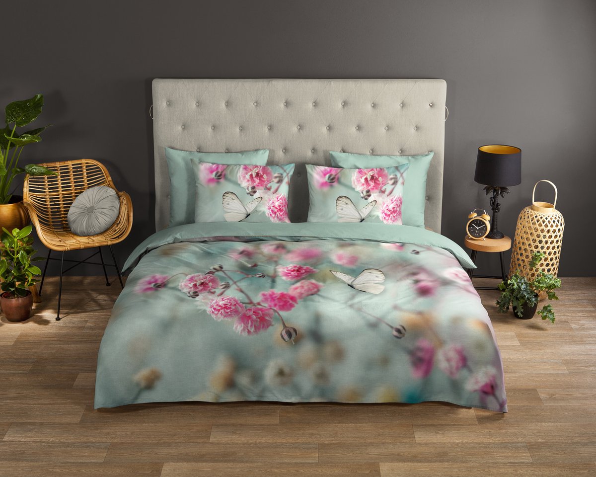 Good Morning dekbedovertrek bloemen en vlinders - 2 persoons 200x200/220 cm - Mint - 100% Katoen renforce