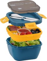 Saladecontainer met 3 vakken, lekvrije lunchbox, saladebox, saladebox to go, broodtrommel voor kinderen en volwassenen, Bento Box met vork en mes voor school, picknick, werk, reizen, 1700 ml (blauw)