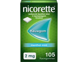 Nicorette Suikervrije Kauwgom Menthol Mint - 2 mg nicotinekawugom - nicotinevervanger - stoppen met roken - 1 x 105 stuks Nicorette Suikervrije Kauwgom Menthol Mint - 2 mg nicotinekawugom - nicotinevervanger - stoppen met roken - 1 x 105 stuks