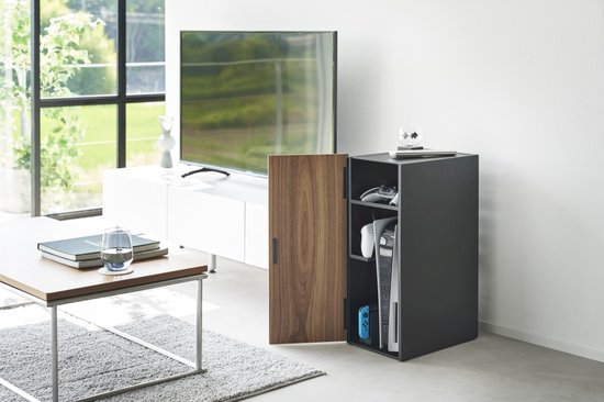 Organiseur De Console De Jeu YAMAZAKI 2110 - Tour Avec étagères Extensibles, Porte En Bois Et Dos Ouvert - Design Japon, Rangement Gaming