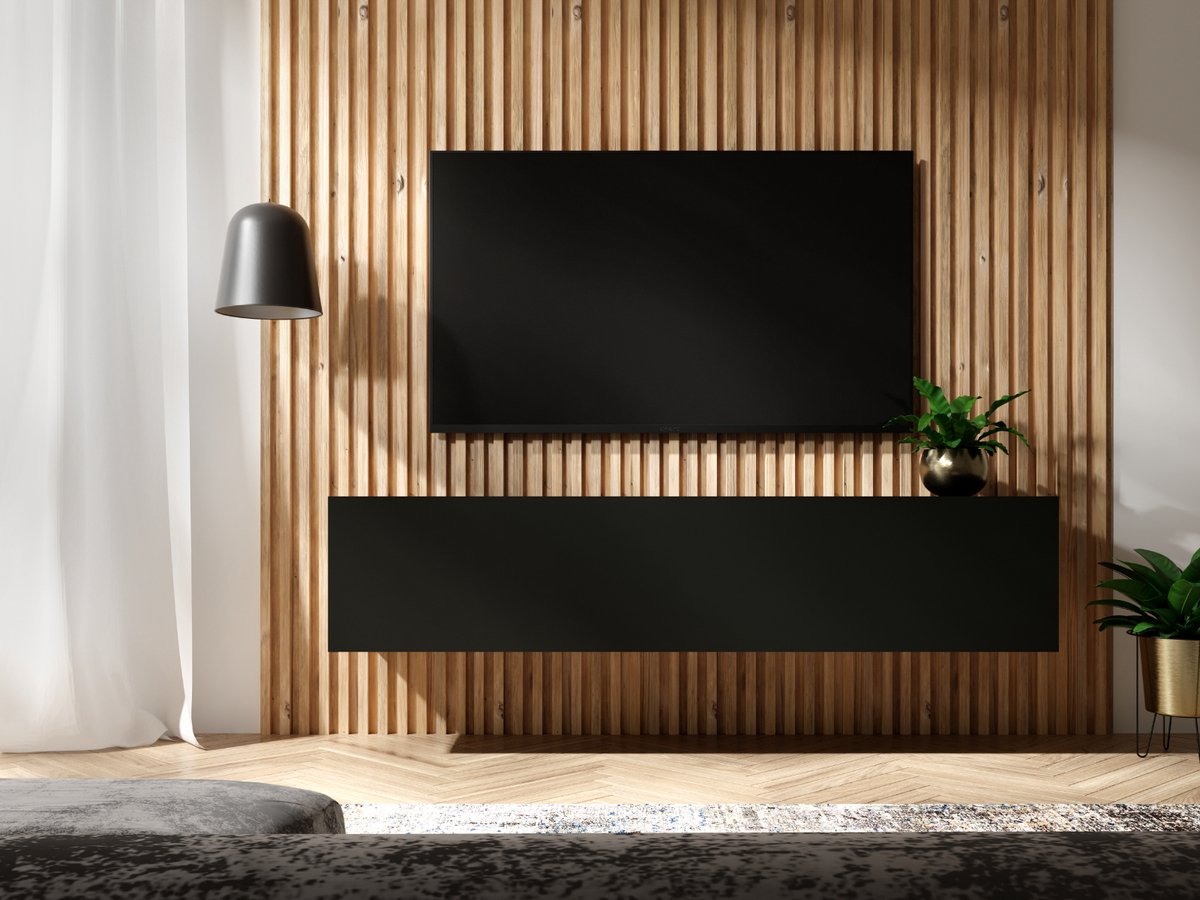 Mobistoxx Tv Meubel - Tv Kast - Mat Zwart - Zwart Tv Meubel - 140 cm - Klapdeur met 3 Vakken - Met Gasveren en Kabeldoorgangen - Tv Kast Hout - Televisiemeubel Kingston