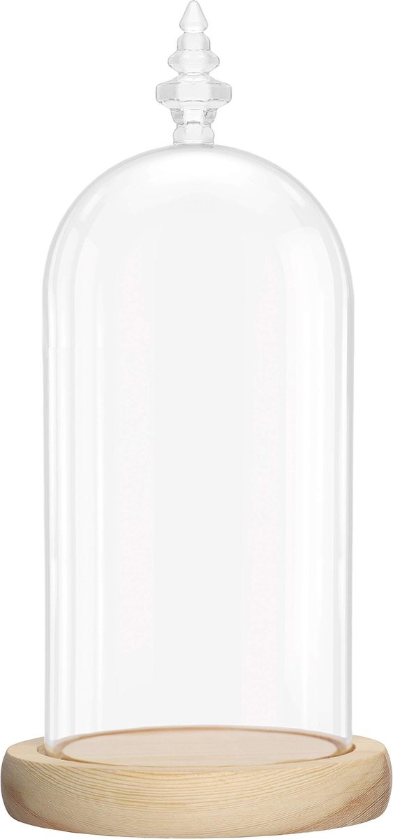 BELLE VOUS Grote Glazen Stolp Bel Fles met Natuurlijk Houten Basis – 26 5cm – Helder Decoratieve Tafeltop Display Case met Tray voor Fee Lichtjes Kopstukken en Antiek