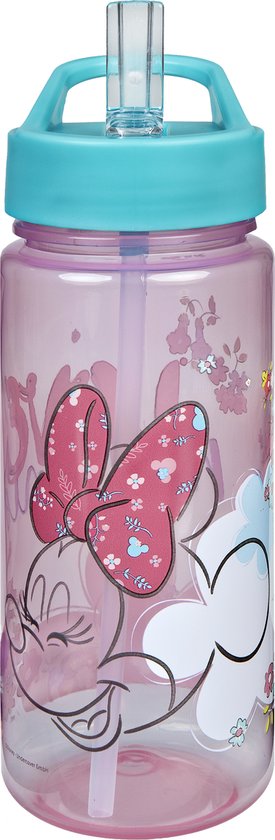 Bouteille rose avec une image de Minnie Mouse avec un nœud et des fleurs. Bouchon bleu avec paille.