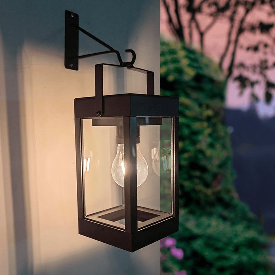 RexTech Solar wandlamp buiten 'Cube' - Warm wit licht - Met led filament lamp - Inclusief muurbeugel - Aluminium behuizing - 2 lichtstanden - Zwart