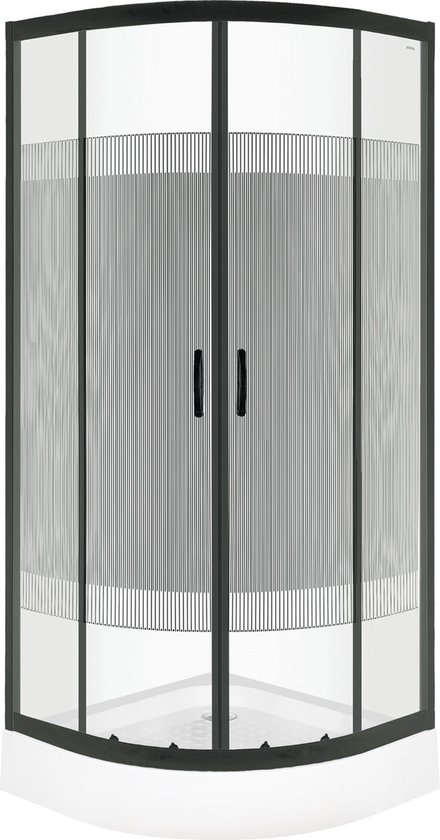 Cabine de douche Rorik Nero avec profil noir, portes vitrées à rayures horizontales.