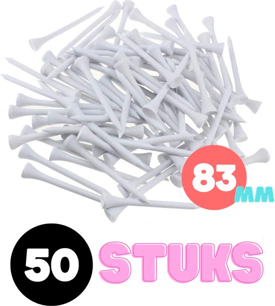 Een stapel witte golftees van 83 mm, met 50 stuks aangegeven.