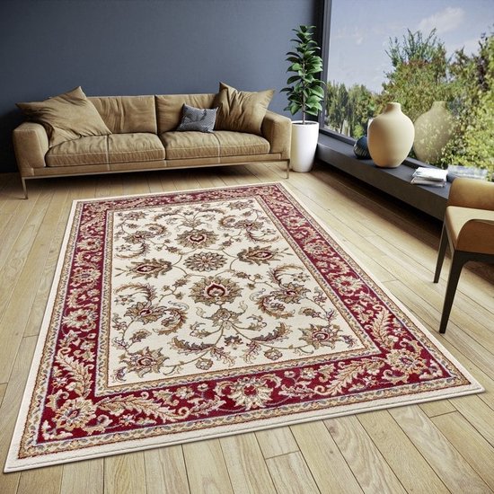 Flycarpets Klassiek Creme / Rood Vloerkleed Reni - 140x200 cm - Oosters motief - Perzisch Tapijt Laagpolig - Woonkamer