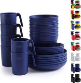 Plastic serviessets 24-delig voor 6 personen, EU blauwe herbruikbare borden en schalensets met dinerborden, dessertborden, ontbijtgranenschalen, kopjes voor thuis, tuin, picknick, camping