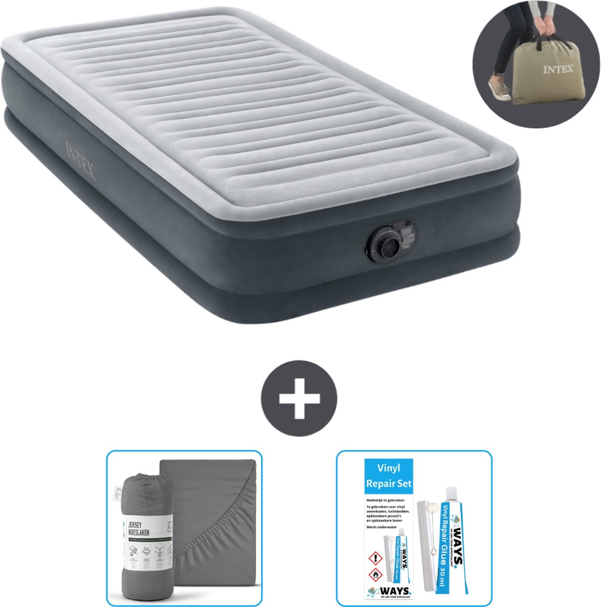 Intex Luchtbed - 1 Persoons - 99 x 191 x 33 cm - Grijs - Inclusief pomp - Hoeslaken en Reparatieset