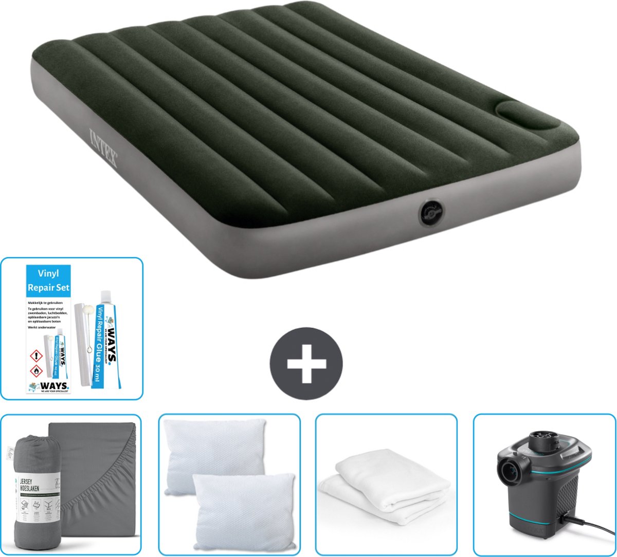 Intex Luchtbed - Twijfelaar - 137 x 191 x 25 cm - Groen - Hoeslaken - Kussen - Pomp - Reparatieset en Kussenbeschermer