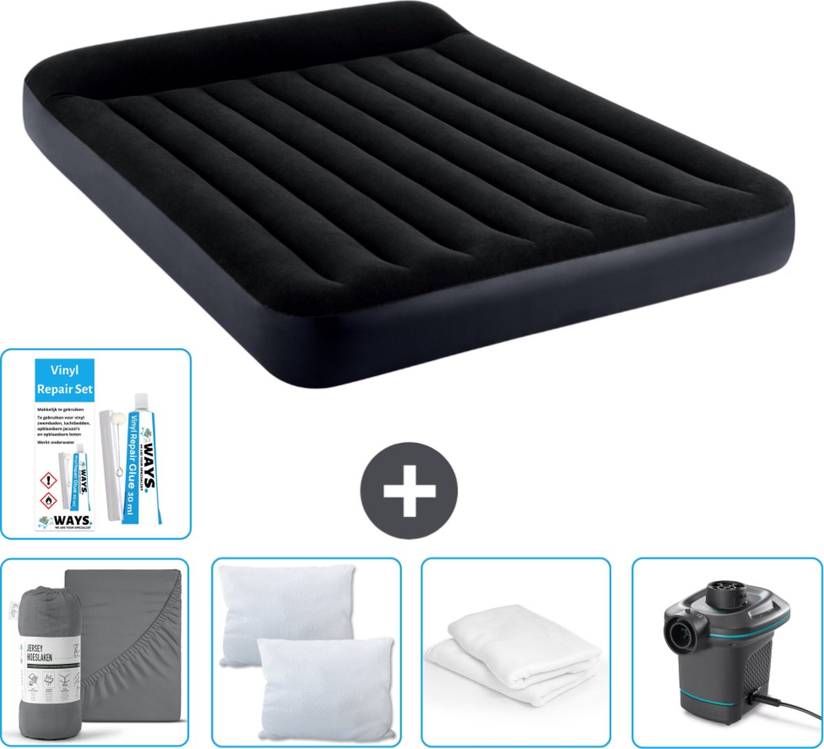 Intex Luchtbed - 2-Persoons - 152 x 203 x 25 cm - Donkerblauw - Inclusief Hoeslaken - Kussen - Pomp - Reparatieset en Kussenbeschermer