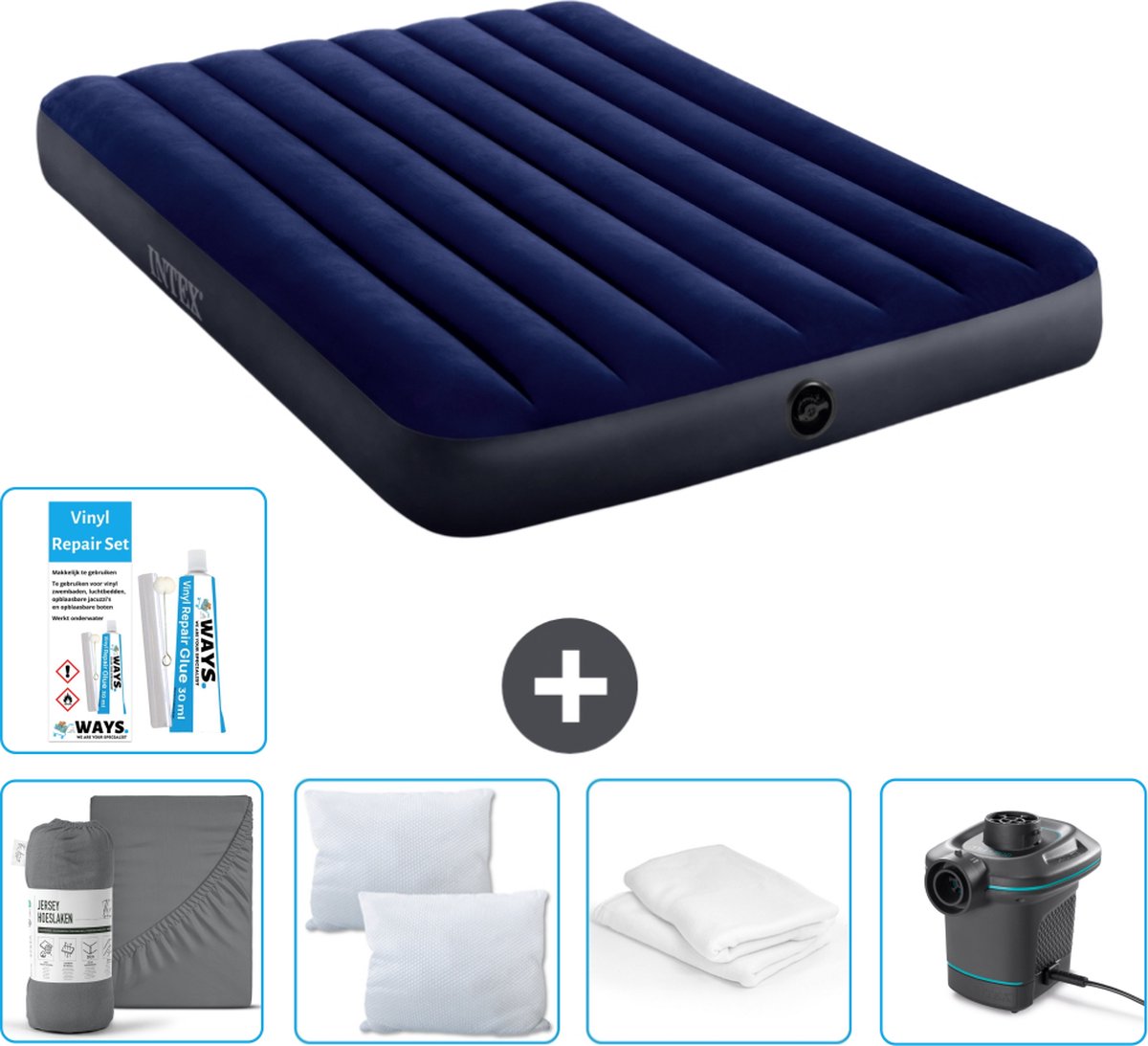 Intex Luchtbed - Twijfelaar - 137 x 191 x 25 cm - Blauw - Inclusief Hoeslaken - Kussen - Pomp - Reparatieset en Kussenbeschermer