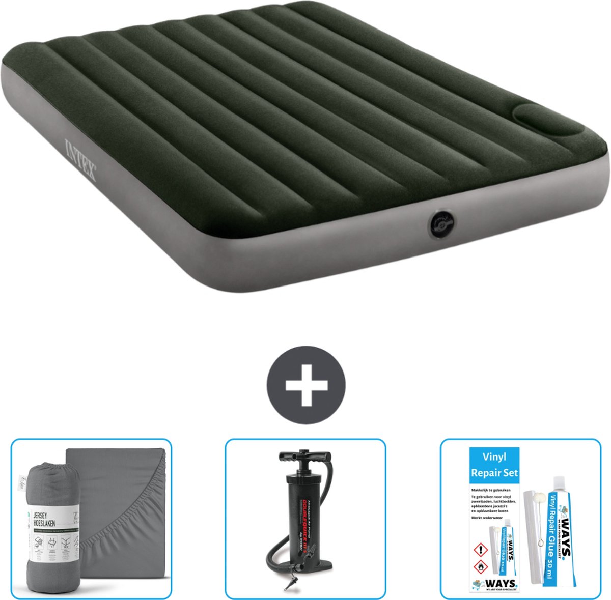 Intex Luchtbed - 2-Persoons - 152 x 203 x 25 cm - Groen - Hoeslaken - Pomp en Reparatieset