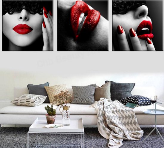 Allernieuwste.nl® SET de 3 pièces de peinture sur toile * Femme sexy avec Rouge à lèvres rouge * - Art sur votre mur - Moderne - Couleur - 3 panneaux - 40 x 40 cm