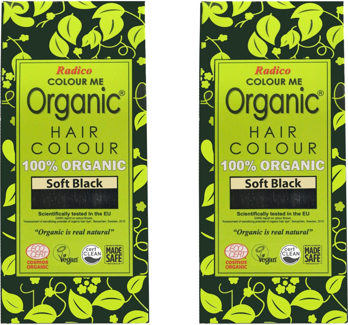 2 x Radico COLOUR ME ORGANIC Soft Black / Zwart 100% Natuurlijke BIO ORGANIC 9-Kruiden Henna Haarverf Zonder Ammoniak PPD PTD met ECOCERT, HALAL, VEGAN Set 2 200g