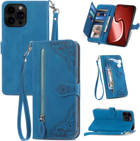 Book Case pour iPhone 11 avec Protection d'appareil photo - Simili cuir - Porte-cartes - Cordon - Motif Fleurs - Apple iPhone 11 - Blauw