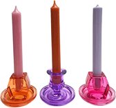 Cactula set van 3 gekleurde glazen kandelaars met bijpassende kaarsen Roze Paars Oranje