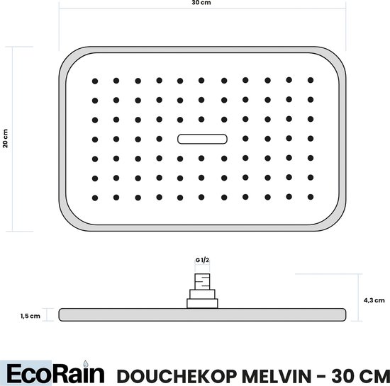 Technische tekening van een vierkante douchekop met afmetingen: 30 cm breed en 20 cm hoog.