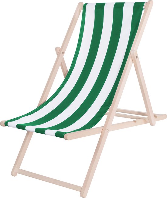 Transat en bois à rayures vertes et blanches.