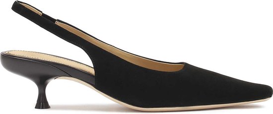 Black suede pumps with open heel and extended nose