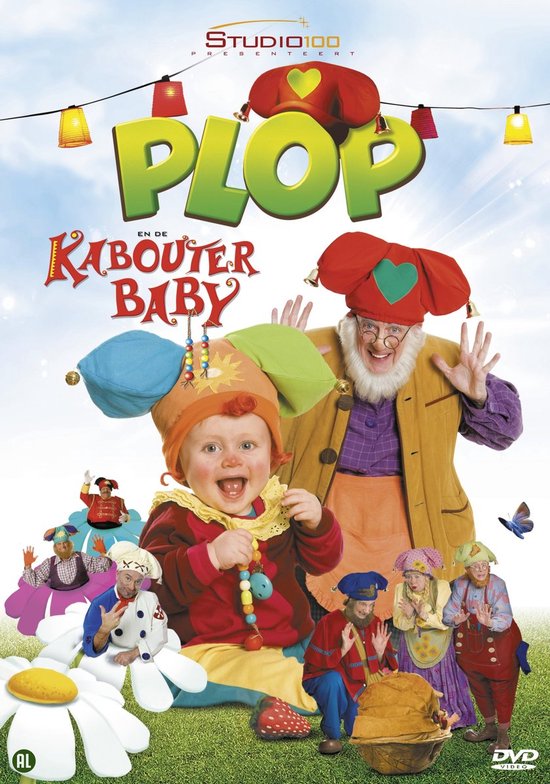 Vrolijke dvd-hoes met baby Kabouter Plop en grote Kabouter Plop, omringd door andere kabouters en bloemen.