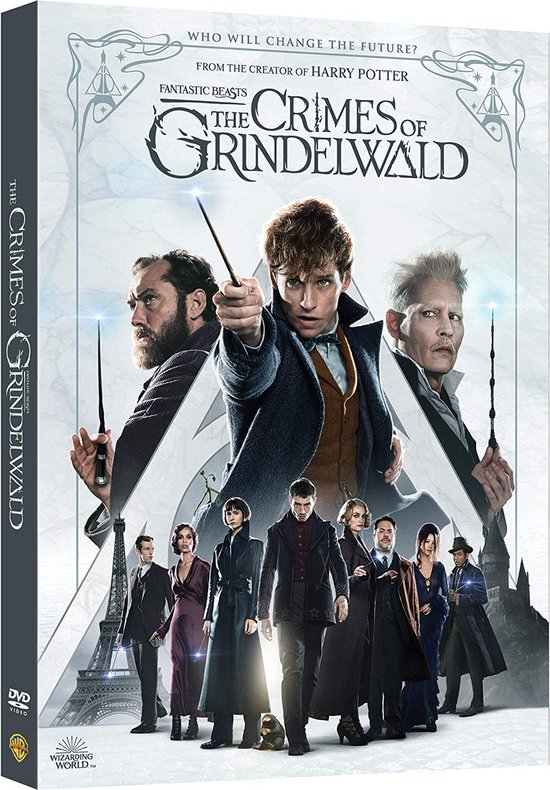 DVD-hoes van "Fantastic Beasts: The Crimes of Grindelwald" met de cast en de Eiffeltoren op de achtergrond.