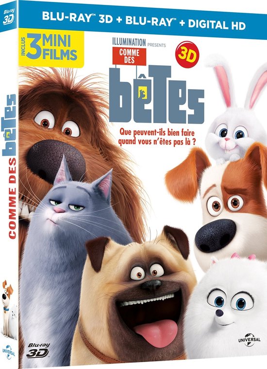 Blu-ray cover 'Comme des bêtes' met verschillende dieren, waaronder Max, Gidget, Snowball en Chloe.