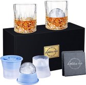 whisky lux Whiskyglazen set (2 kristallen bourbonglas, 2 ijsvormen, 2 onderzetters) in geschenkdoos, niet-lood ouderwets glas voor Bourbon Scotch, Whiskey Rock glazen met ijsvormen voor mannen