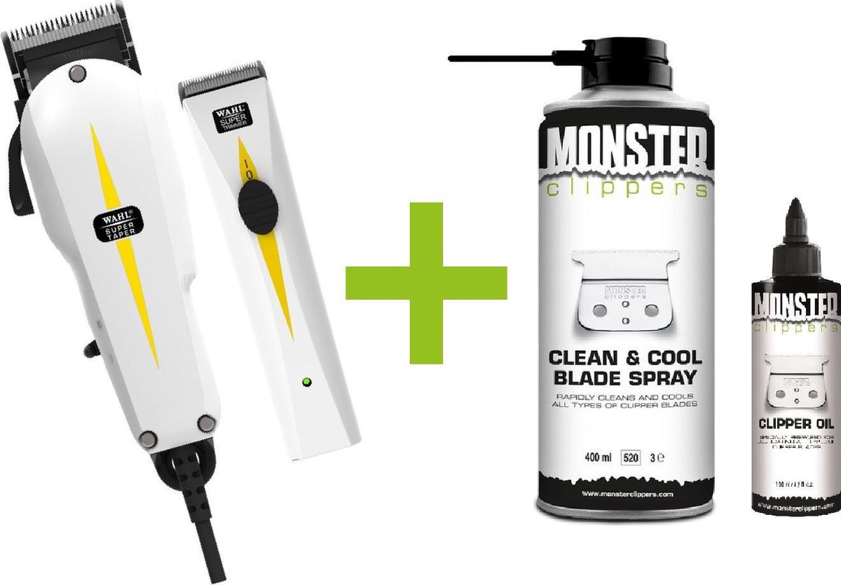 WAHL Super Taper Tondeuse Combipack + Super Trimmer + Monster Clippers Clean & Cool Blade Spray + Monster Clippers Oil voor Tondeuses en Trimmers