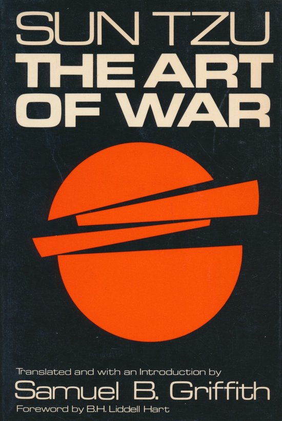 Boek "Sun Tzu The Art of War" met een oranje cirkel en strepen op een donkere achtergrond.