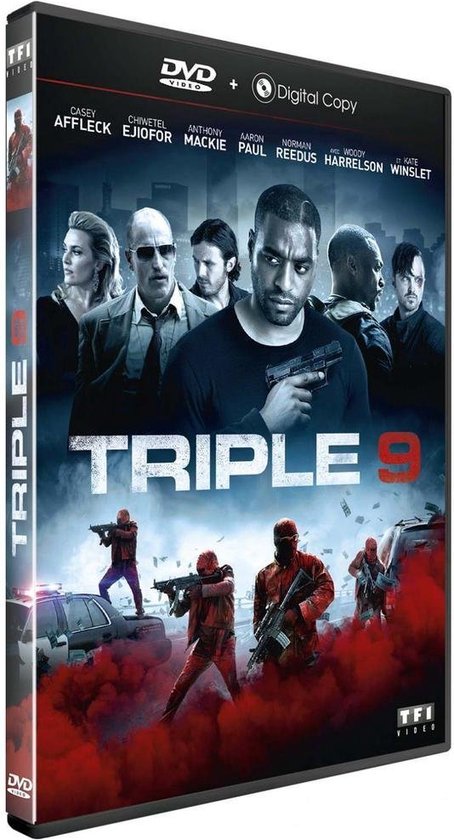 Couverture du DVD de Triple 9 avec la distribution, y compris Casey Affleck, Chiwetel Ejiofor et Aaron Paul.