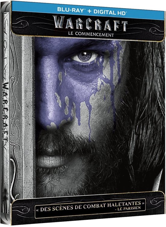 Blu-ray hoes van Warcraft: Le Commencement, met close-up van een man met paarse gezichtsverf.