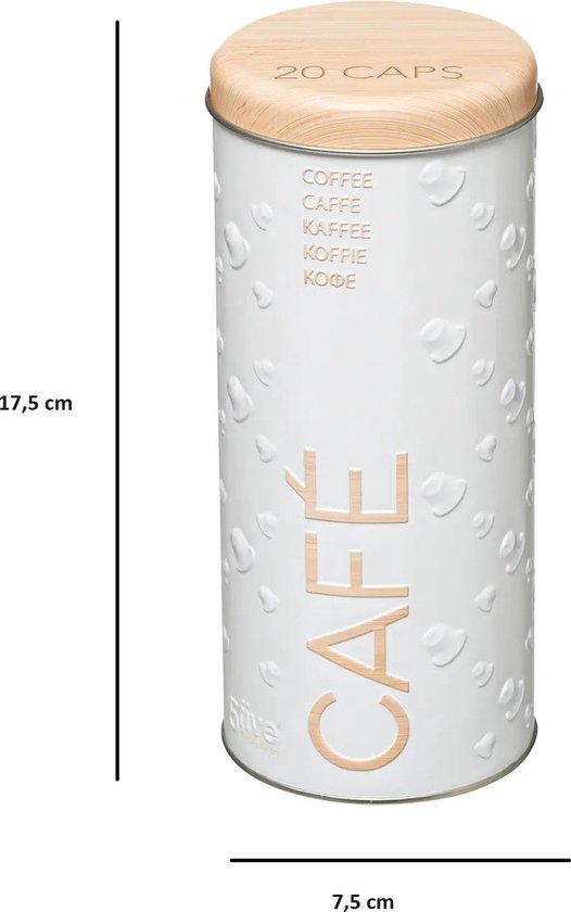 Wit koffieblik met reliëf van koffiebonen, 'CAFE' in reliëf en houten deksel met '20 CAPS'. Afmetingen: 17,5 cm hoog, 7,5 cm breed.