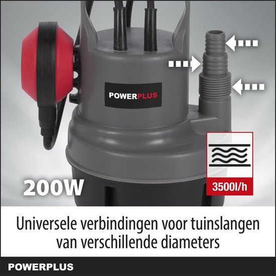 Grijze Powerplus dompelpomp met rode vlotterschakelaar, 200W, 3500l/u, universele tuinslangaansluitingen.