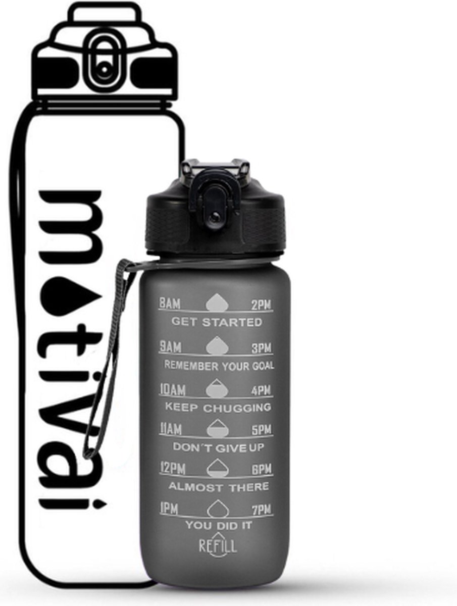 Motivai Motivatie Waterfles - Zwart - 600ML Drinkfles - Motivatiefles - Waterfles met Rietje - Waterfles met tijdmarkering - BPA Vrij - Volwassenen - Kinderen