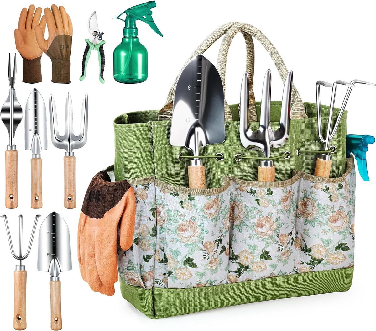 Tuingereedschap Heavy Duty roestbestendig tuincadeaus met snoeischaar en handvat opbergtas (9-delig) Tuinset
