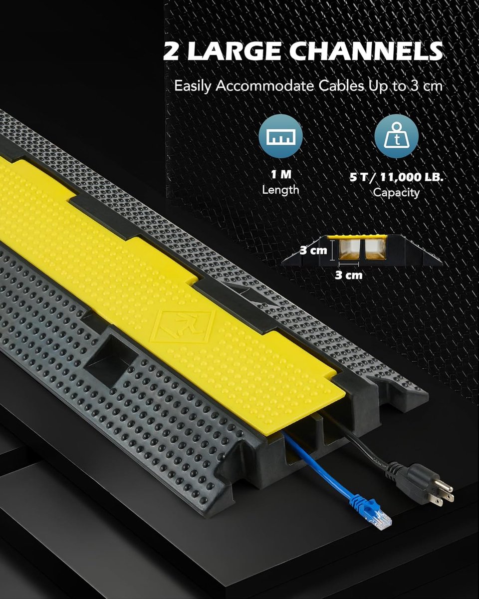 Protecteur De Câble Sol 3 Pièces - Rampe PVC 2 Canaux Avec Réflecteurs Noir/Jaune - Intérieur Extérieur