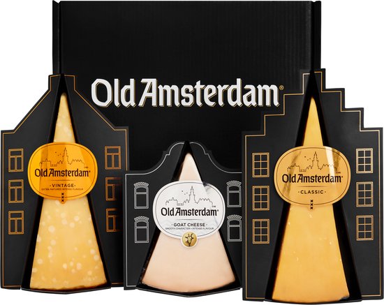 Old Amsterdam Trio met Classic, Vintage en Geitenkaas in zwarte huisvormige verpakkingen. Goudkleurige opdruk.