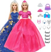 Poppenkleertjes - Geschikt voor Barbie - Set van 2 outfits met accessoires - 17 items - Prinses - Jurken, kronen, kettingen, tassen, brillen- Cadeauverpakking