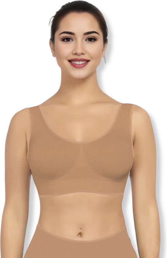 Comfort BH zonder beugel - Maat 3XL - Beige - Met uitneembare bh vulling - Extra comfortabele Sport BH - Zwangerschaps bh - Beugelloze bh - met push up - Magic bra - met pads
