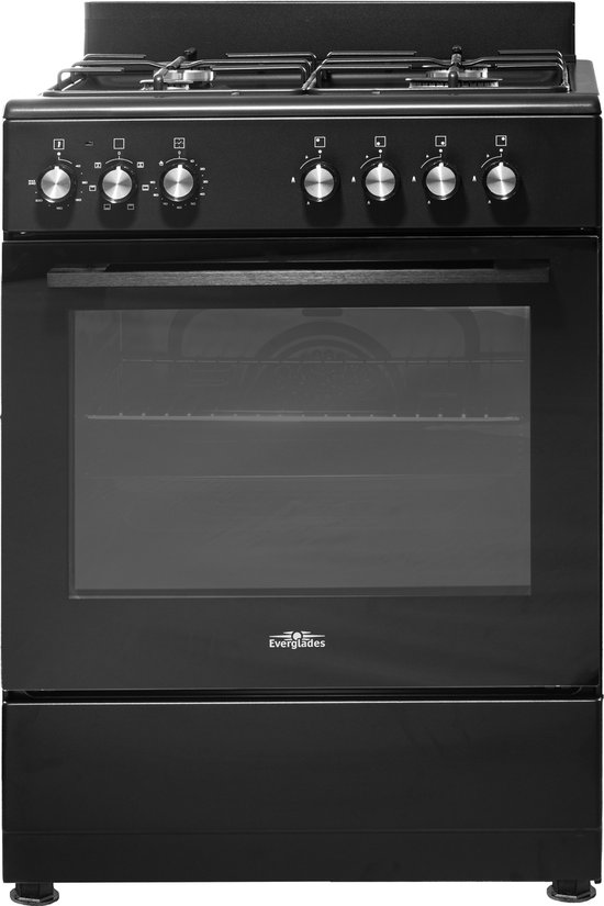 Everglades EVCK6012 - Gasfornuis - Mat Zwart - 60CM - 56 Liter - Hete Lucht Oven - 8 Ovenstanden - 5 Jaar Garantie