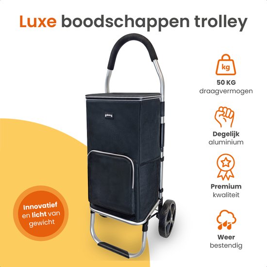 Goliving Boodschappentrolley - 50L - Boodschappenwagen met Zijvakken en Koelvak - Opvouwbaar - Weerbestendig - Roestvrij Aluminium - Boodschappenkar met Wielen - Zwart