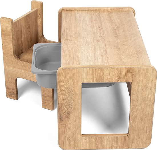Industrial Living kindertafel met grijze lade - Speeltafel met kinderstoel - Kinderbureau - Tekentafel - Activiteitentafel - Hout - Walnoot