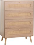 Hoge ladekast met vier lades, ronde houten knoppen en rotan panelen, staand op schuine houten pootjes.