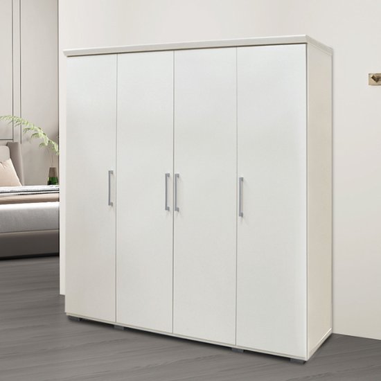Armoire Nikkie | 183x160x52cm | 4 portes | blanc - Rousseau - Armoires de chambre à coucher - Blanc - Panneaux de particules - Armoires de chambre à coucher