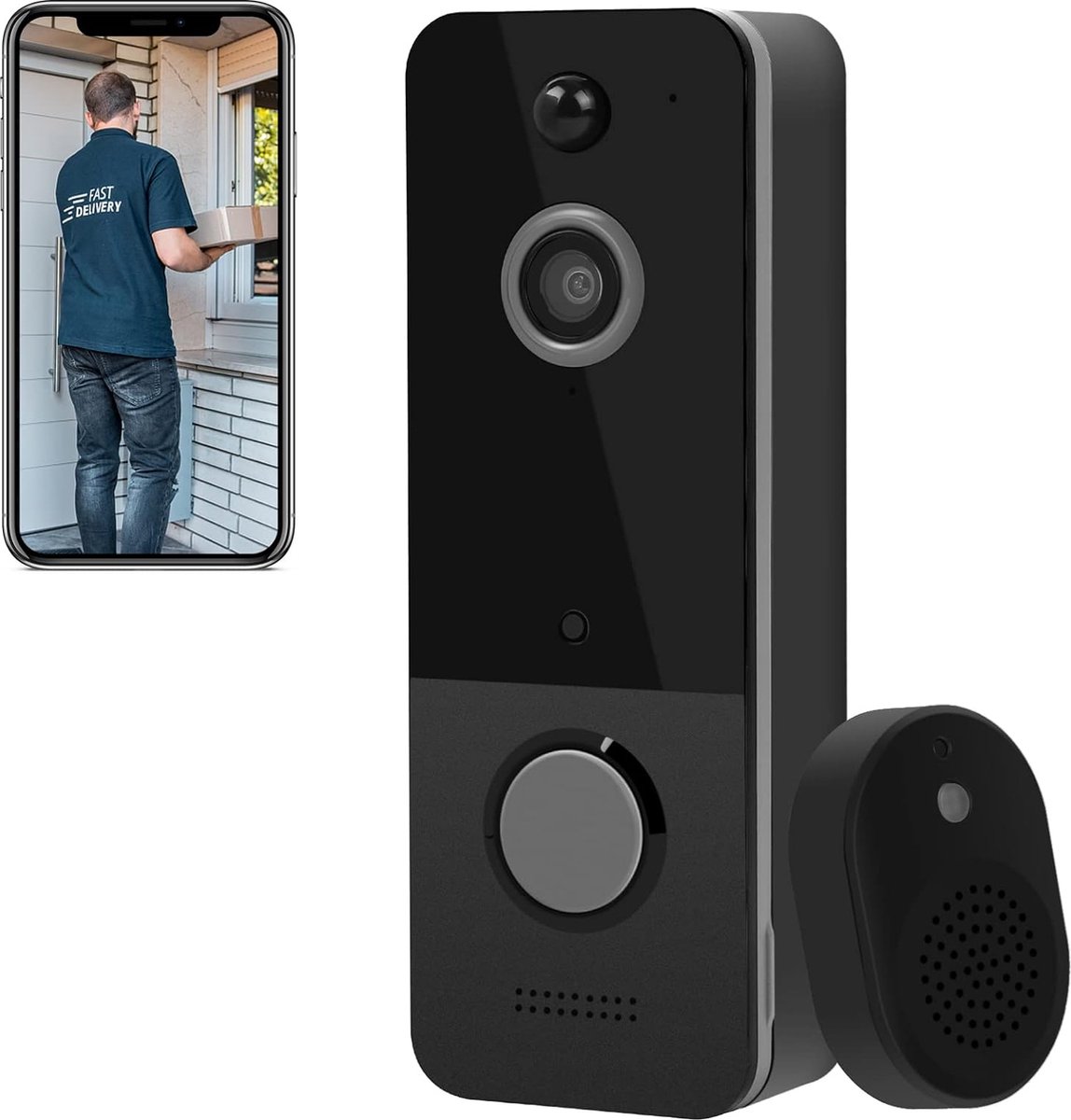 Igoods Draadloze Videodeurbel – Deurbelset – HD Video – Cloud Opslag – incl Ontvanger – Zwart