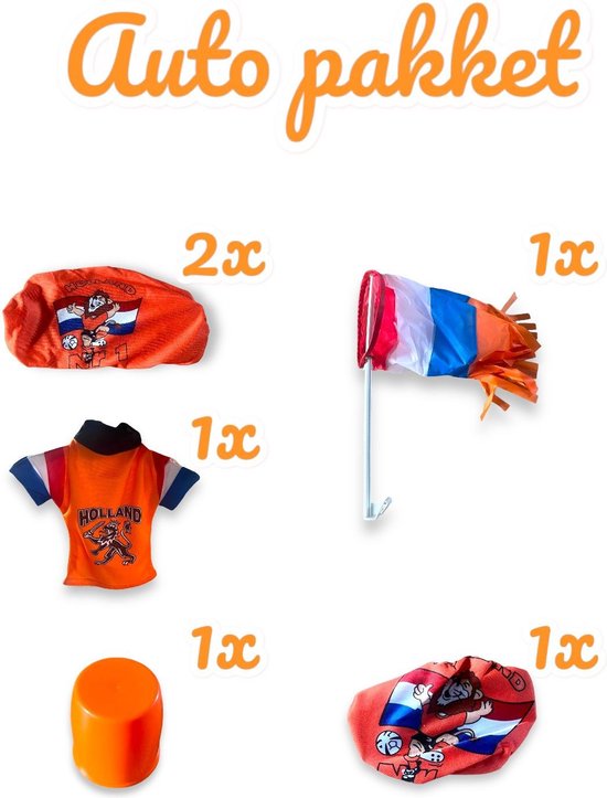 De OranjeFan Autopakket 5-delig / EK Voetbal 2024 / oranje versiering / auto vlag / autospiegelhoezen / tankdophoesje / trekhaakdop / autoshirt