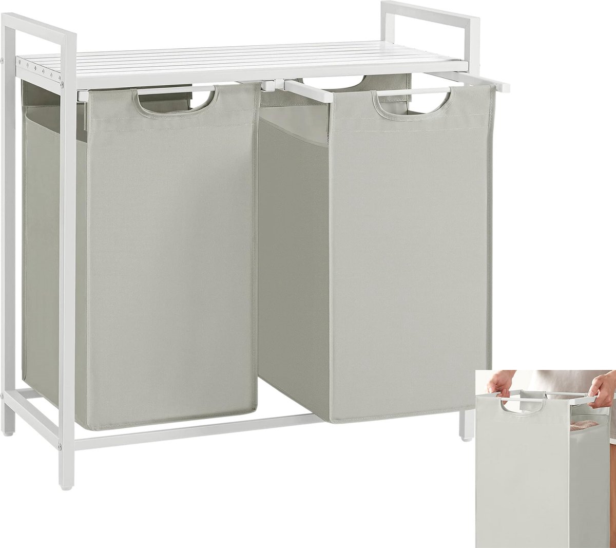 Wasmand 2 vakken, Wassorteerder, Uitschuifbaar, Wasmand met plank, Wasbox, Waszak van oxford stof uitneembaar, Metalen frame, 2 x 46 L, 73 x 33 x 72 cm