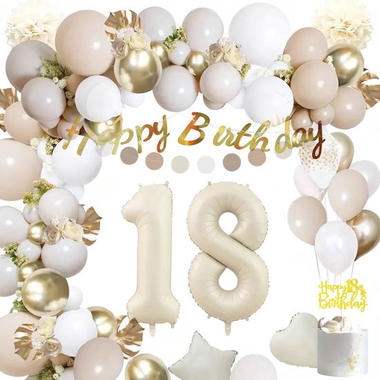 Décorations de fête pour 18 ans avec arches de ballons, ballons chiffre 18, ballon étoile, ballon cœur et bannière 'Happy Birthday' en beige, blanc et or.