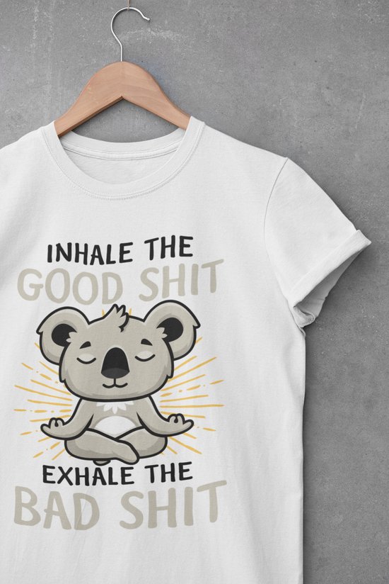 Shirt - Inhale the good shit - Wurban Wear | Grappig shirt | Leuk cadeau | Unisex tshirt | Yoga | Yoga nidra | Yoga kleding | Yoga shirt | Yogamat | Wit & Zwart